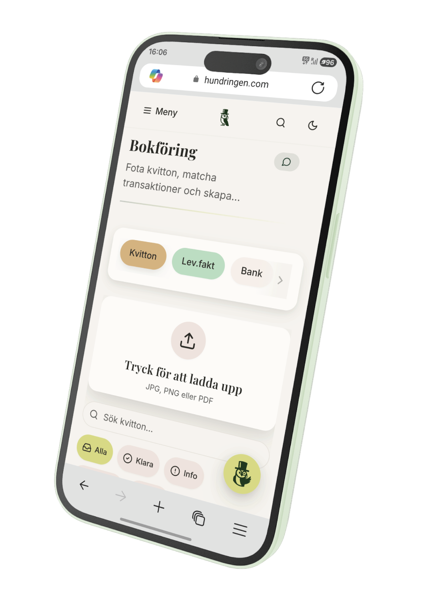 Hundringen-appen på en mobiltelefon som visar bokföringsvyn